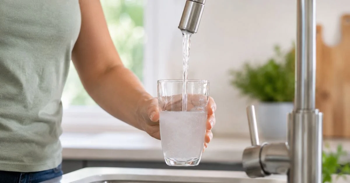 Cloudy tap water being poured into a drinking glass.